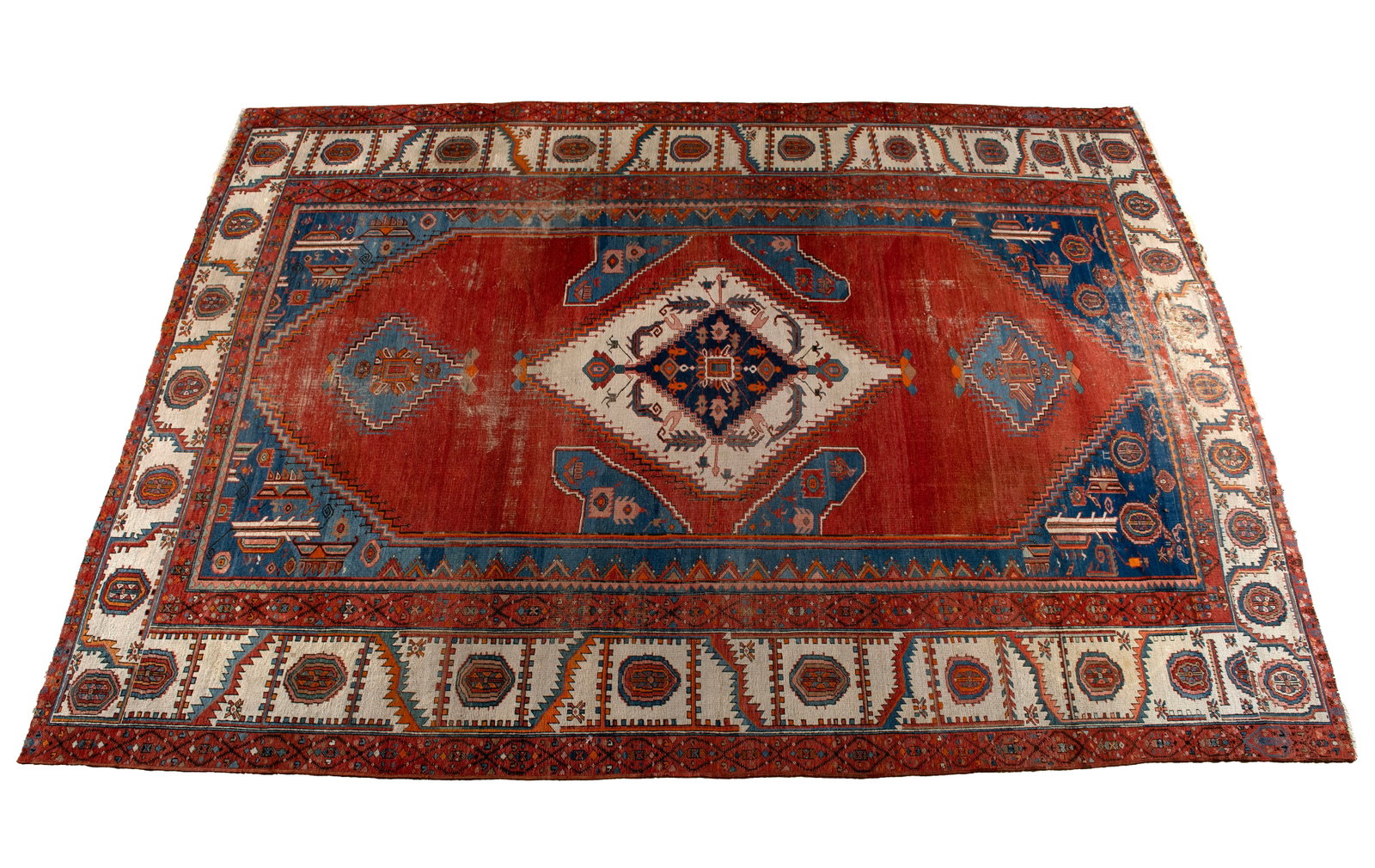 BAKSHAISH ROOM RUG: BAKSHAISH ROOM RUG Northwest Persian, 19th century. Floral on navy pole medallion centers the larger ivory medallion with saw tooth lining, centering the open red field with blue inclusions surrounded