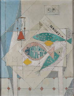 HANS MOLLER (GERMAN/AMERICAN, 1905-2000): Hans MollerGerman/American, 1905-2000Still Life with HourglassOil on canvasSigned and dated 48 lower right, also titled on verso. Cubist still life kitchen setting with trio of fish to foreground agai