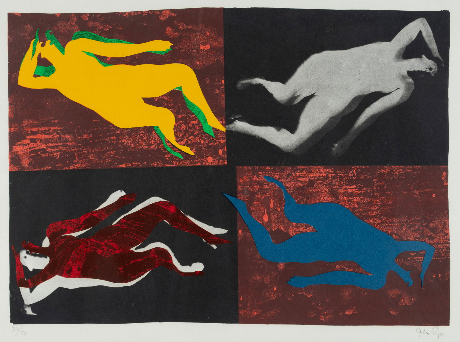 JOHN PIPER (BRITISH/AMERICAN (ILLINOIS), 1903-1992): John PiperBritish/American (Illinois), 1903-1992Eye and Camera: Blue to Yellow, 1967ScreenprintSigned in pencil lower right and numbered 32/70 lower left. Four figures arranged in pop-art fashion, set