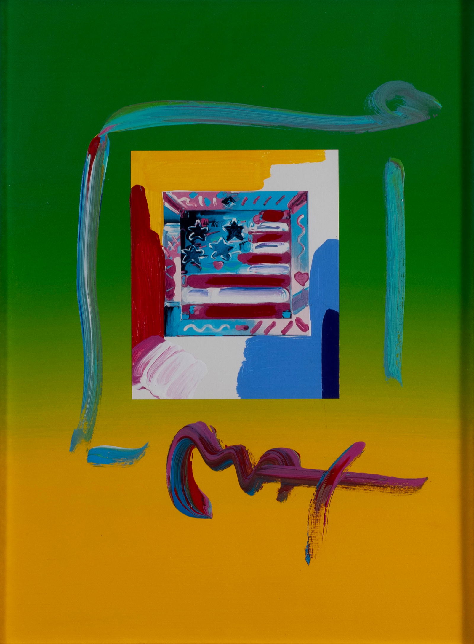 PETER MAX (AMERICAN, B. 1937): Peter MaxAmerican, b. 1937Mixed mediaSigned and dated 2002 to verso, with dedication. Matted and framed.Sight: 15 3/8 x 11 1/4 in. (39.1 x 28.6 cm.), Frame: 28 x 24 in. (71.1 x 61 cm.)
