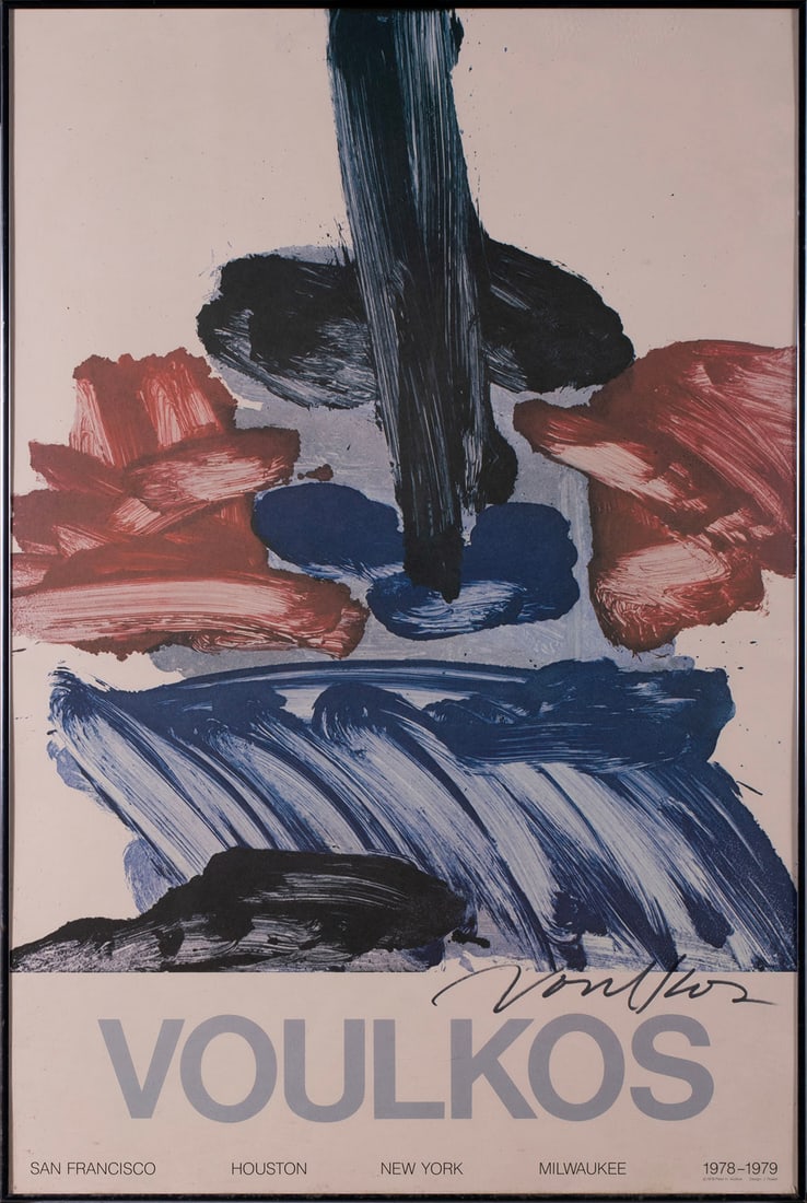 PETER VOULKOS SIGNED EXHIBITION POSTER: PETER VOULKOS SIGNED EXHIBITION POSTERDesigned by J. Powell, 1978. Advertising an exhibition of his abstract expressionist work, framed.Frame: 36 1/4 x 24 1/4 in. (92.1 x 61.6 cm.)