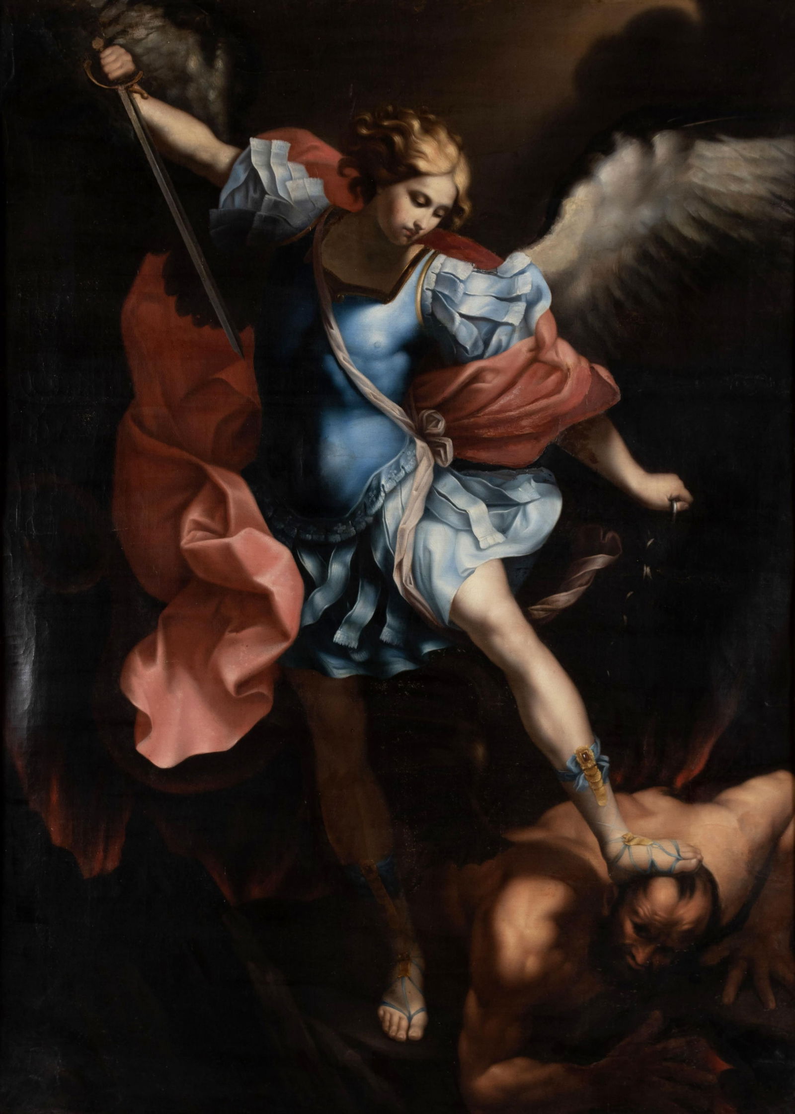 AFTER GUIDO RENI (ITALIAN, 1575-1642), ST MICHAEL THE ARCHANGEL DEFEATING SATAN: AFTER GUIDO RENI (ITALIAN, 1575-1642), ST MICHAEL THE ARCHANGEL DEFEATING SATAN18th century copy, after the original completed in 1635. In a fine giltwood frame.Sight: 56 1/2 x 41 1/2 in. (143.5 x 105