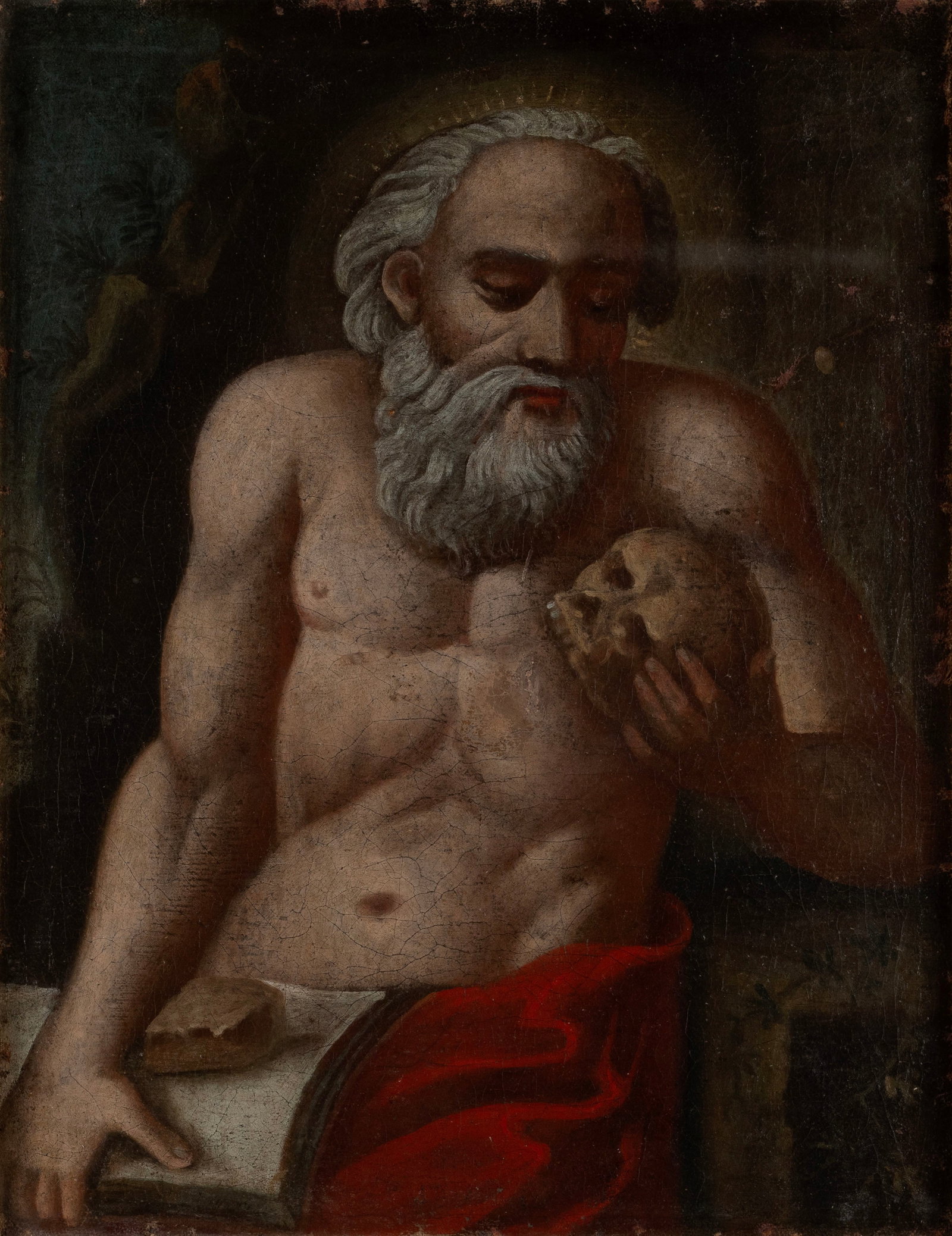 PORTRAIT OF ST JEROME, OIL ON CANVAS: PORTRAIT OF ST JEROME, OIL ON CANVAS 18th/19th century, unsigned. Naive depiction of the saint contemplating a skull, framed. Sight: 19 1/2 x 15 in. (49.5 x 38.1 cm.), Frame: 21 3/4 x 17 1/4 in. (55.2