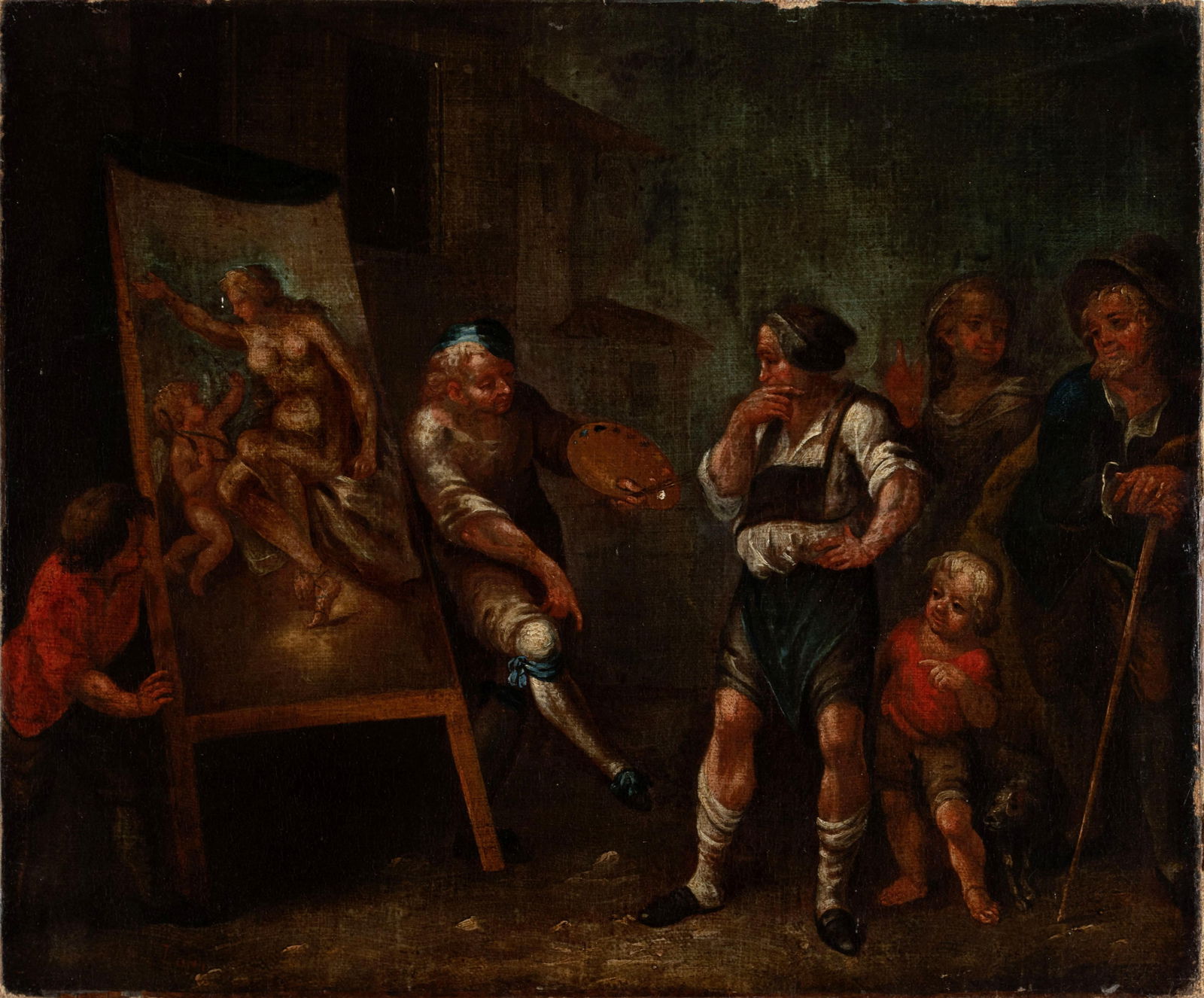 DUTCH/FLEMISH SCHOOL, OIL ON CANVAS: DUTCH/FLEMISH SCHOOL, OIL ON CANVAS18th century, signed indistinctly lower left. Genre scene of an artist working with onlookers, unframed.14 x 17 in. (35.6 x 43.2 cm.)