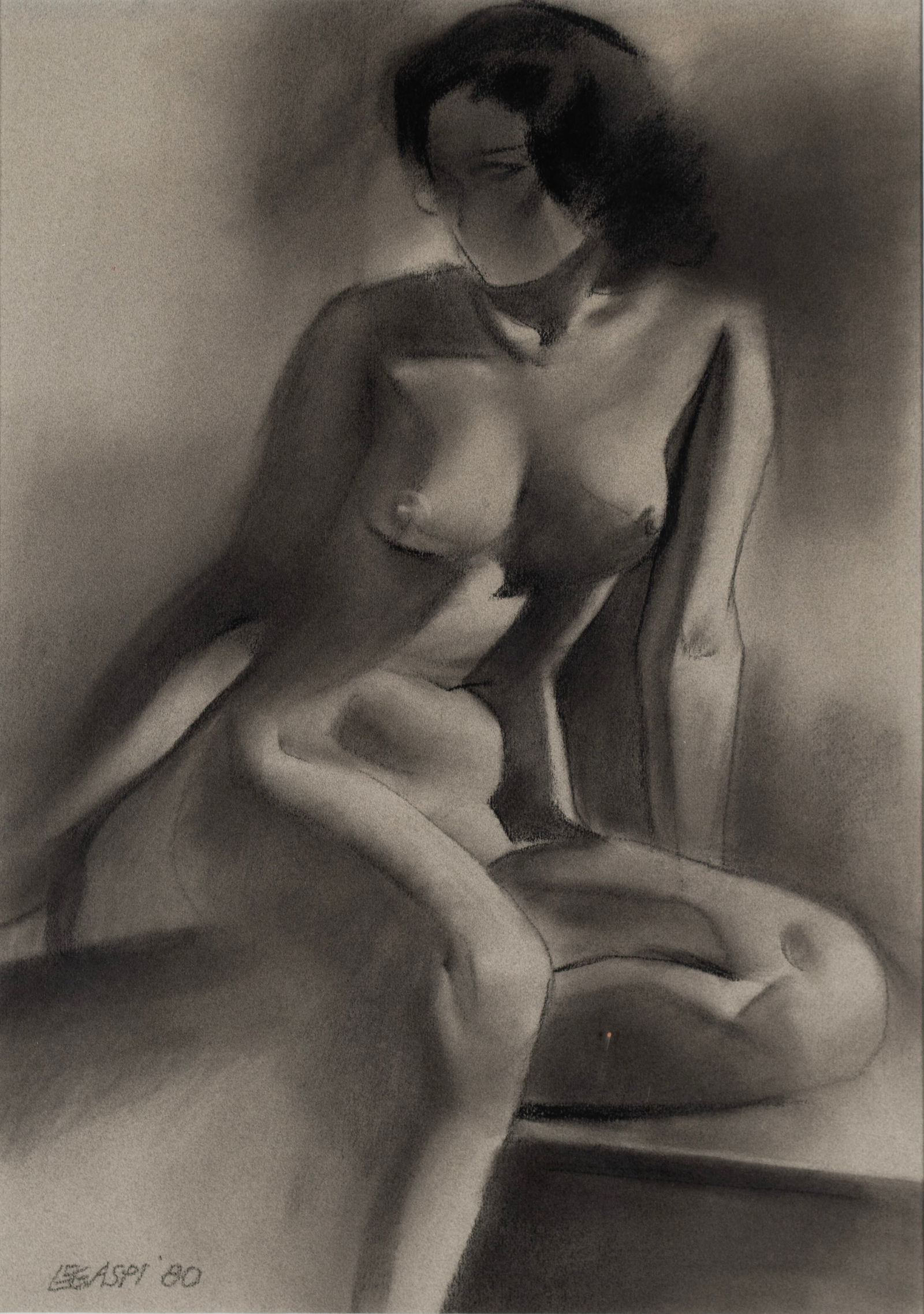 CESAR LEGASPI (FILIPINO, 1917-1994): Cesar LegaspiFilipino, 1917-1994CharcoalSigned and dated '80 lower left. Seated nude woman, framed.Sight: 20.2 x 14.2 in. (51.3 x 36.1 cm.), Frame: 26 3/4 x 20.2 in. (67.9 x 51.3 cm.)