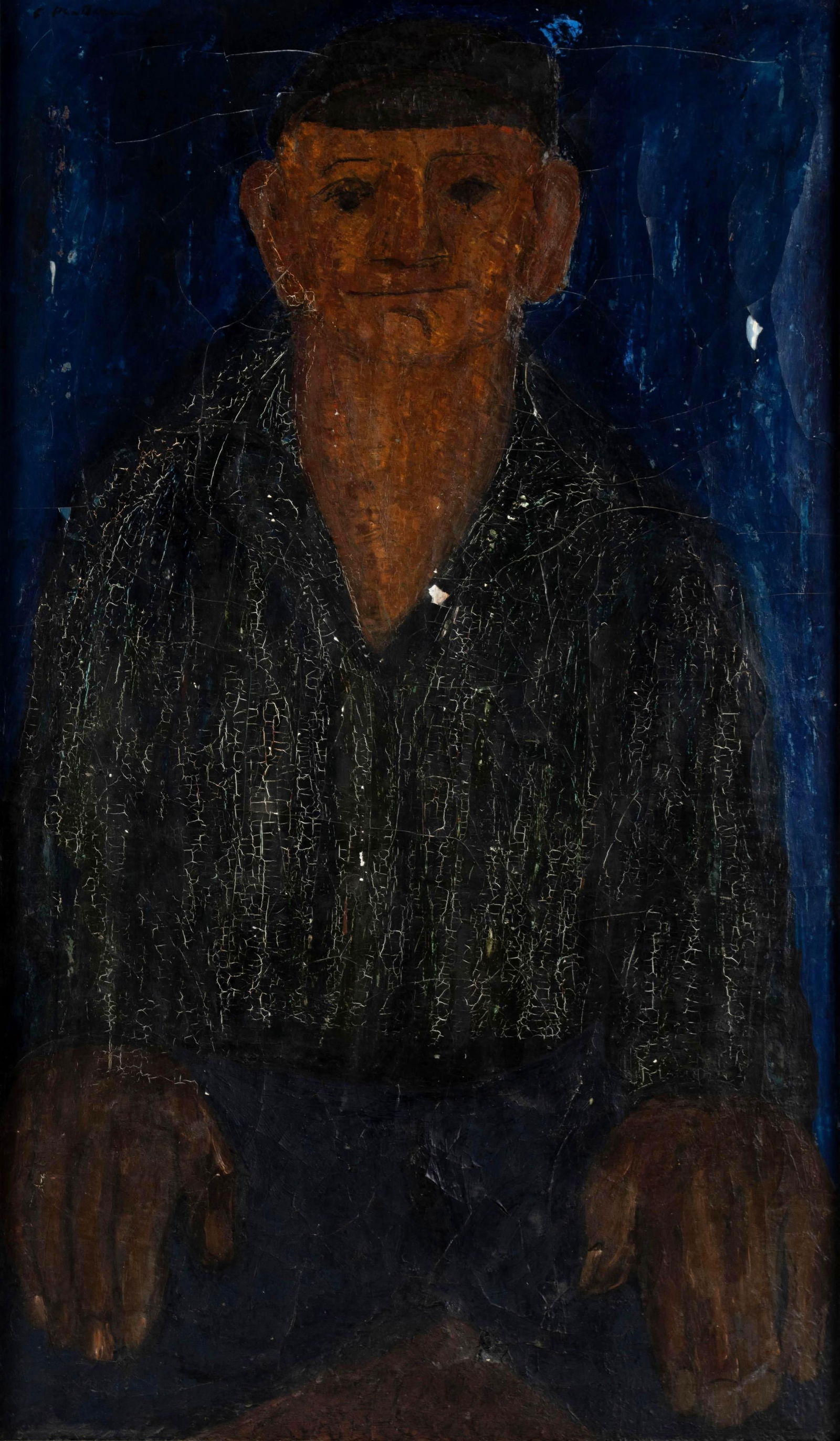 GABRIELE MATTERA (ITALIAN, 1929-2005): Gabriele MatteraItalian, 1929-2005Big HandsOil on canvasSigned and dated to verso and signed upper left. Portrait of a man seated with hands on his knees, farmed.Sight: 53 x 31 1/2 in. (134.6 x 80 cm
