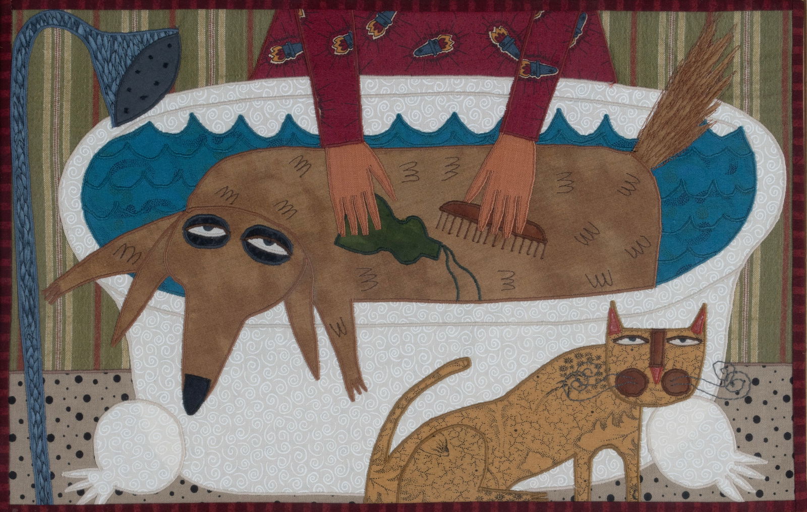 CHRIS ROBERTS-ANTIEAU (AMERICAN, B. 1951): Chris Roberts-AntieauAmerican, b. 1951Dog BathAppliqu? and embroiderySigned and dated 2002 verso, in artist decorated frame. Dog in a tub being washed, a cat standing in front.Embrodery: 10 1/2 x 16