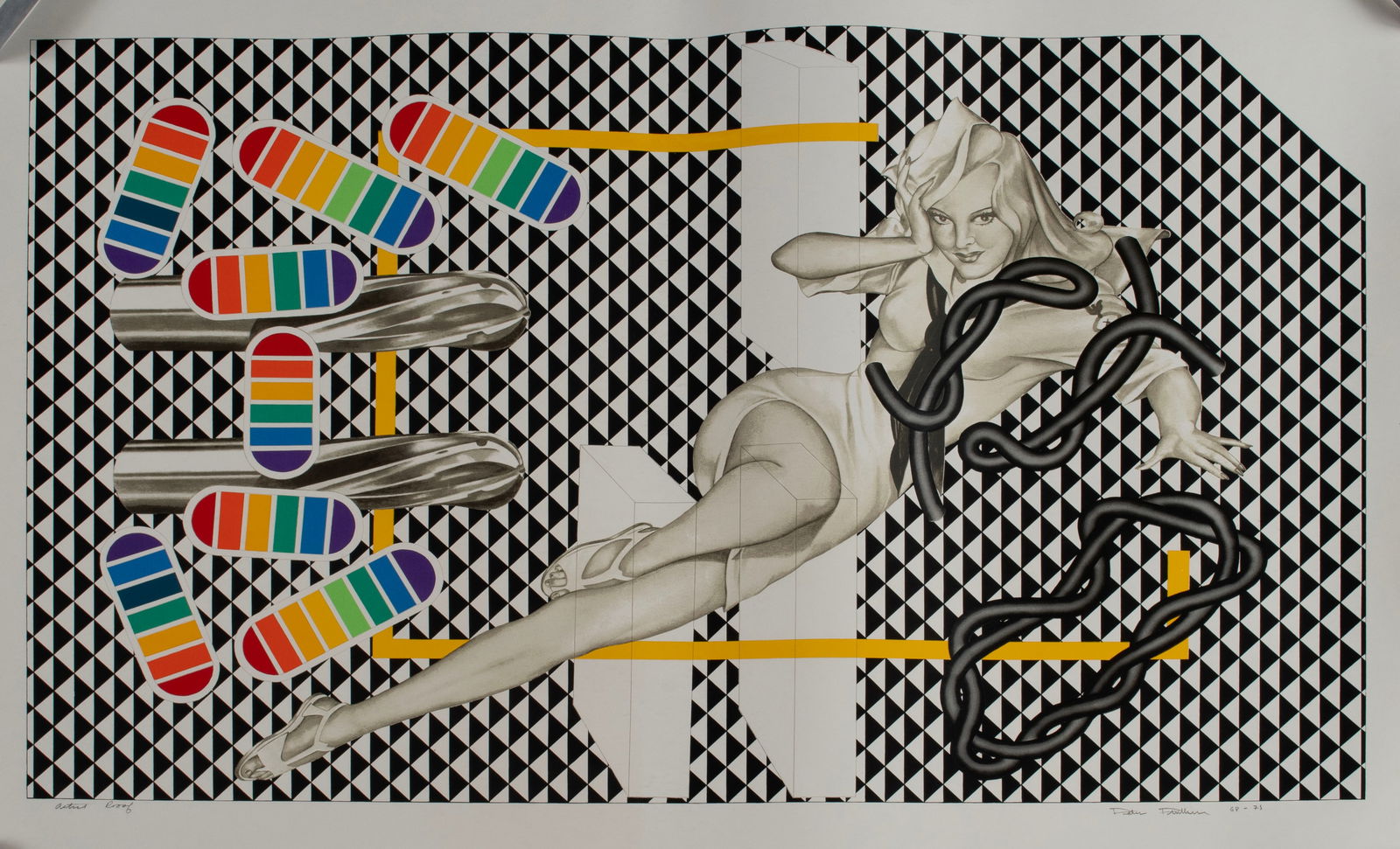 PETER PHILLIPS (BRITISH, B. 1939): Peter PhillipsBritish, b. 1939Gravy for the NavyColor screenprintSigned lower right and noted "Artist Proof" lower left. Colorful image of a woman in short dress lying against a geometric bl