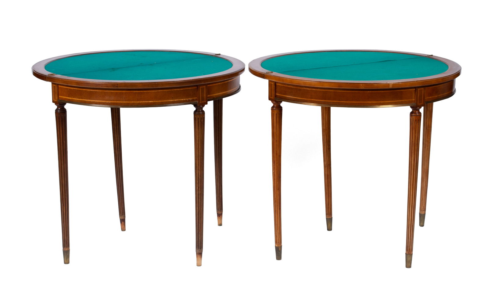 PAIR OF DEMILUNE CONSOLE TABLES: PAIR OF DEMILUNE CONSOLE TABLESAmerican, 20th century. Flip tops with the pull-out leg support to the back, on tapering legs ending with brass cylindrical sabots.29 1/2 x 32 1/2 x 16 1/4 in. (74.9 x 8
