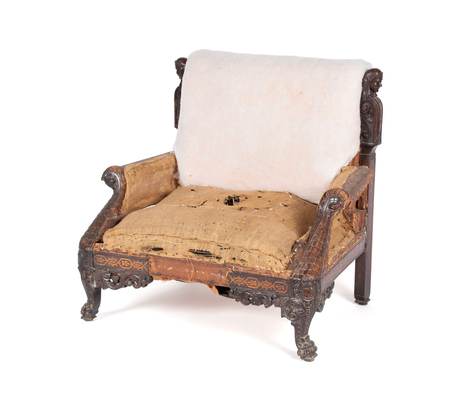 RENAISSANCE REVIVAL PERIOD ARMCHAIR: RENAISSANCE REVIVAL PERIOD ARMCHAIRAmerican, 3rd quarter 19th century, various woods, in the manner of Herter Brothers, stripped. Caryatid stiles to the stripped back above the solid arms with carved