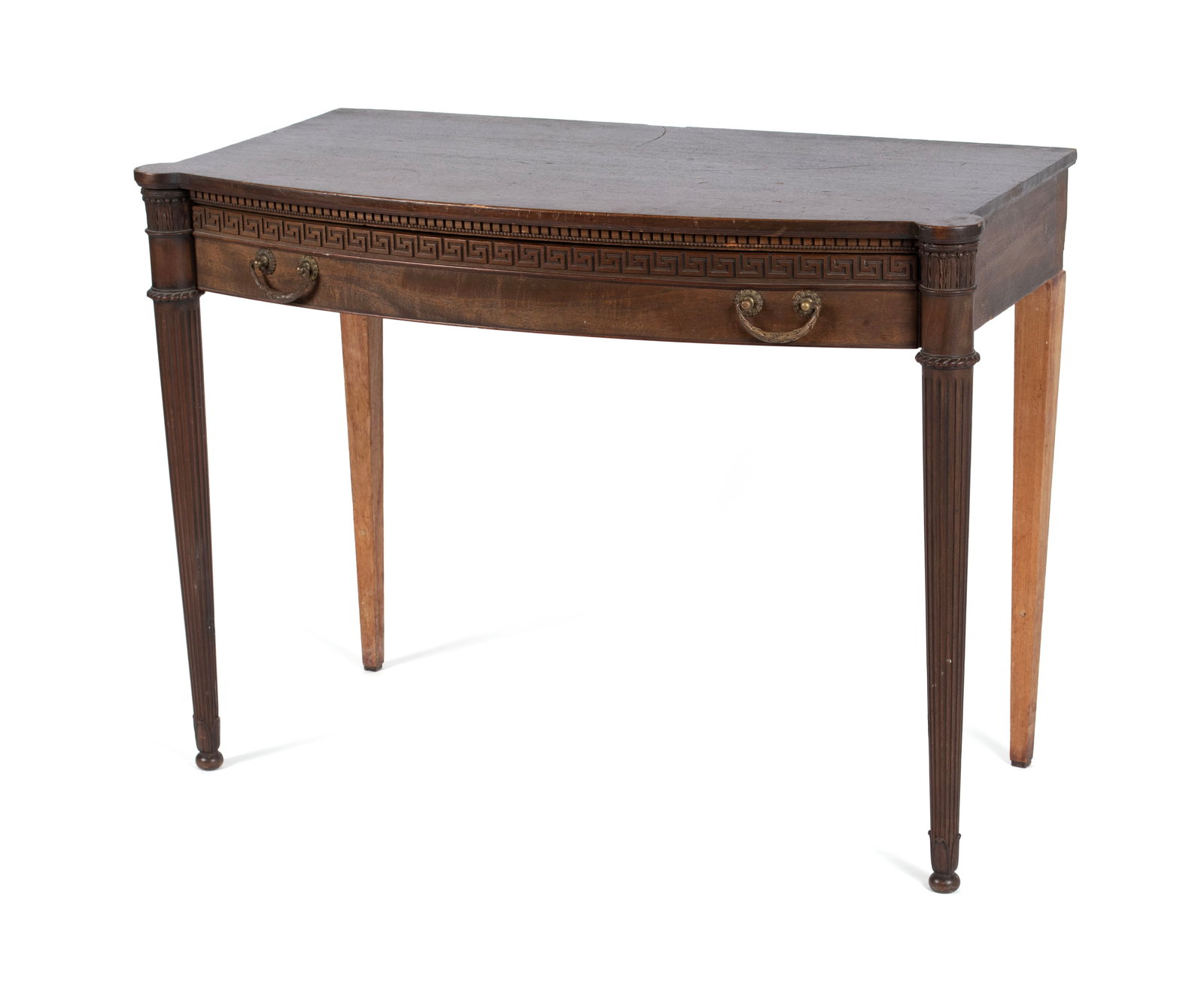 CONSOLE TABLE: CONSOLE TABLE Continental, 20th century. "D" form top with a single frieze drawer showing carved Greek key motifs, on tapering tightly reeded legs. 29 x 39 3/4 x 18 1/2 in. (73.7 x 101 x 47 