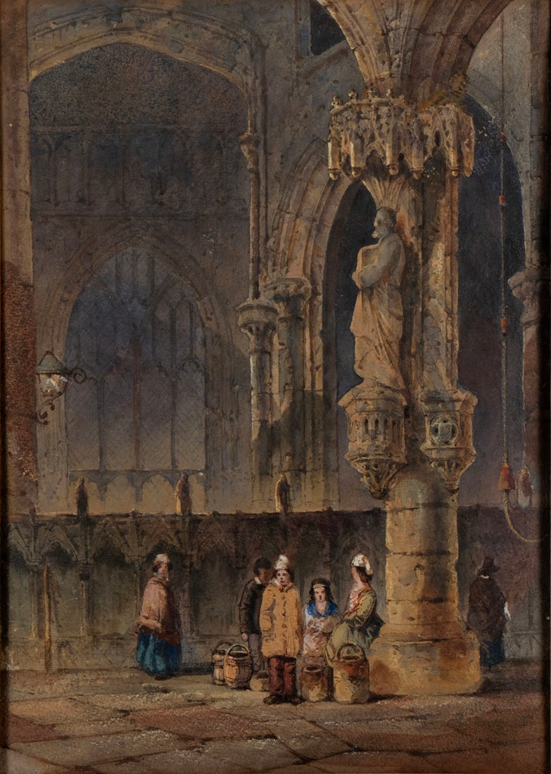 ATTRIBUTED TO SAMUEL PROUT (BRITISH, 1783-1852): ATTRIBUTED TO SAMUEL PROUT (BRITISH, 1783-1852)Watercolor, unsigned. Cathedral interior with several figures at the base of a pillar, matted and framed.Sight: 12 3/4 x 9 1/8 in. (32.4 x 23.2 cm.), Fra