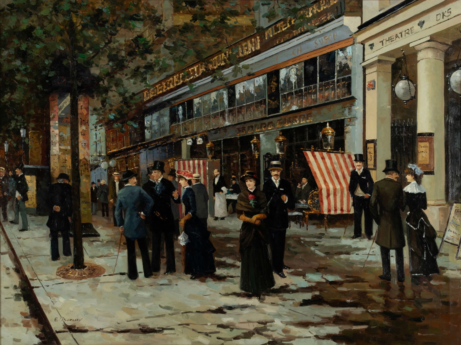 AFTER JEAN BERAUD (FRENCH, 1849-1935): AFTER JEAN BERAUD (FRENCH, 1849-1935)20th century, oil on canvas, copy of 'Le Boulevard Montmatre anime devant le Theatre des Varietes.' Signed 'E Thornley' lower left, framed.Sight: 35 1/2 x 47 1/2 i