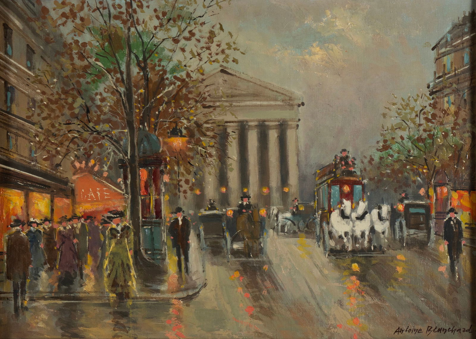 MANNER OF ANTOINE BLANCHARD, 20TH CENTURY: MANNER OF ANTOINE BLANCHARD, 20TH CENTURYOil on canvas, signed lower right. Busy Parisian street scene centering on la Madeleine, framed.Sight: 12 1/2 x 17 1/2 in. (31.8 x 44.5 cm.), Frame: 19 x 24 in
