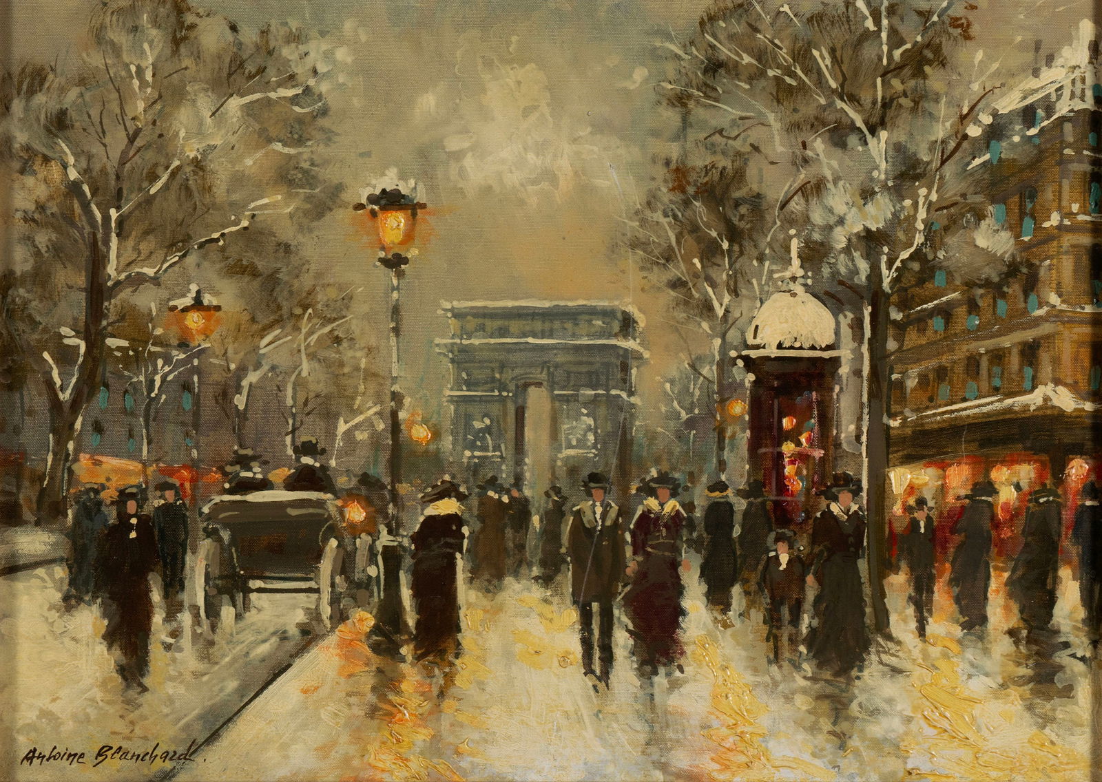 MANNER OF ANTOINE BLANCHARD, 20TH CENTURY: MANNER OF ANTOINE BLANCHARD, 20TH CENTURYOil on canvas, signed lower left. Busy Parisian winter street scene centering on the Arc De Triomphe, framed.Sight: 13 x 18 in. (33 x 45.7 cm.), Frame: 18 1/2