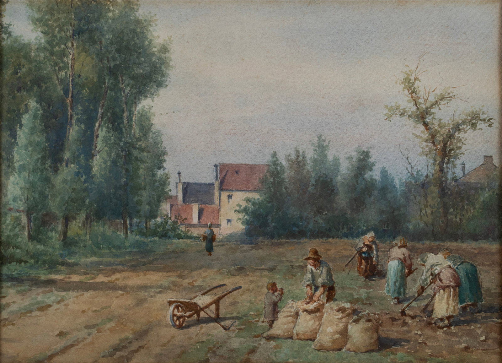 PASTORAL WATERCOLOR: PASTORAL WATERCOLOR Late 19th/early 20th century, inscribed on back of sheet 'HHG 1792.' Group of workers in a field with village in background, matted and framed. Sight: 9 3/4 x 13 3/4 in. (24.8 x 34