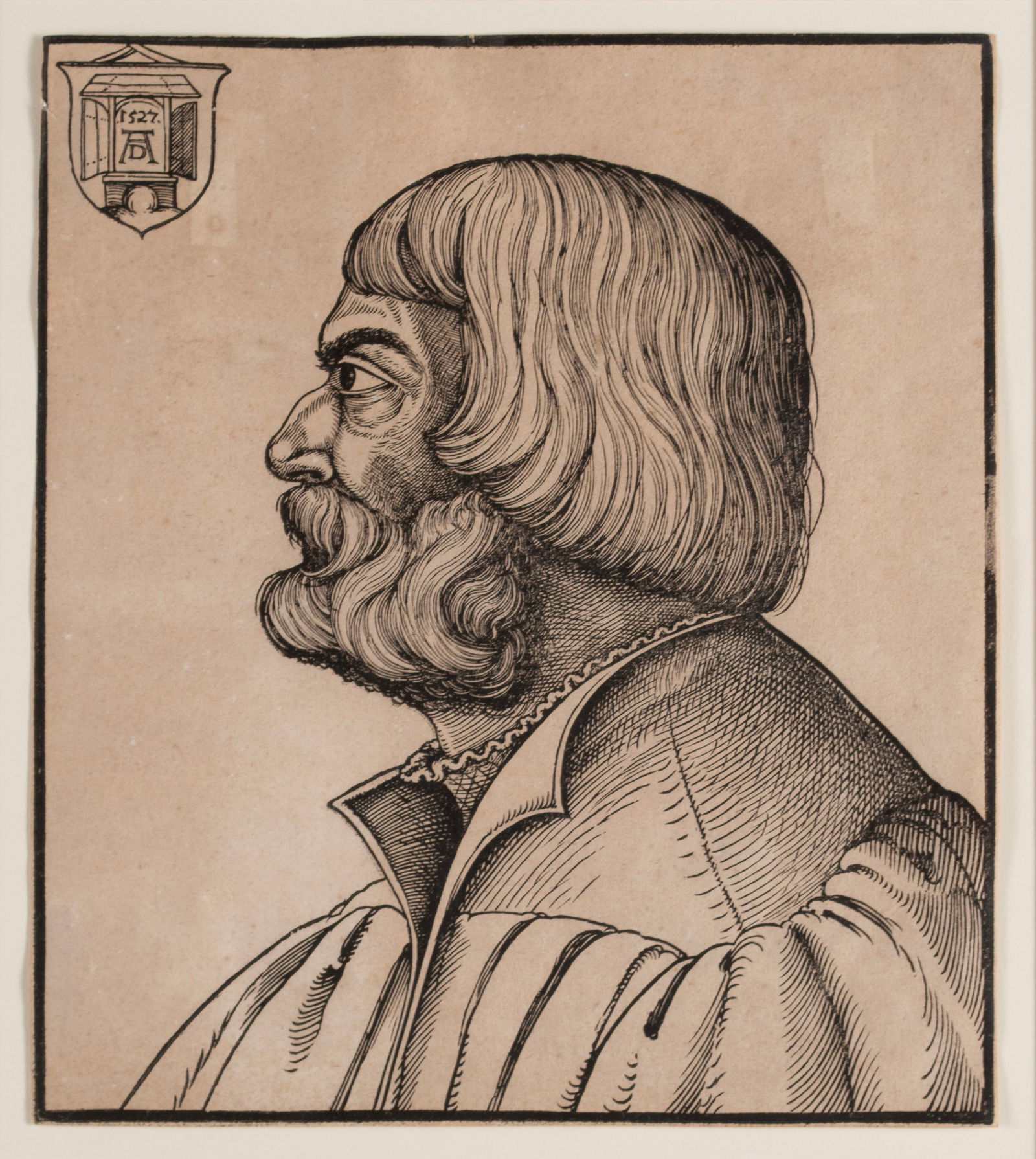 ERHARD SCHON (GERMAN, 1491-1542): Erhard SchonGerman, 1491-1542Profile of Albrecht DurerWoodcut on laid paper with double eagle watermarkDurer's monogram upper left, portrait done in commemoration of the artist after his death. Matted