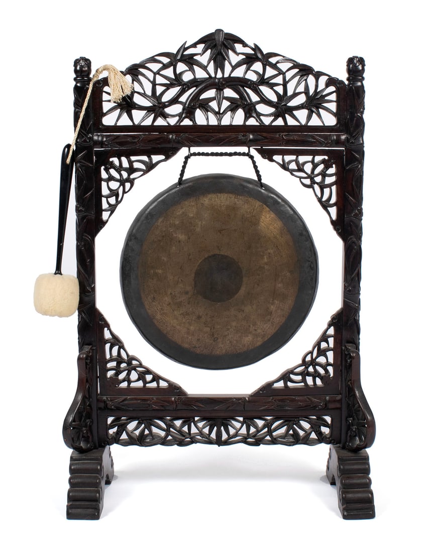 CHINESE HUANGMU CARVED GONG ON STAND (1 of 9)
