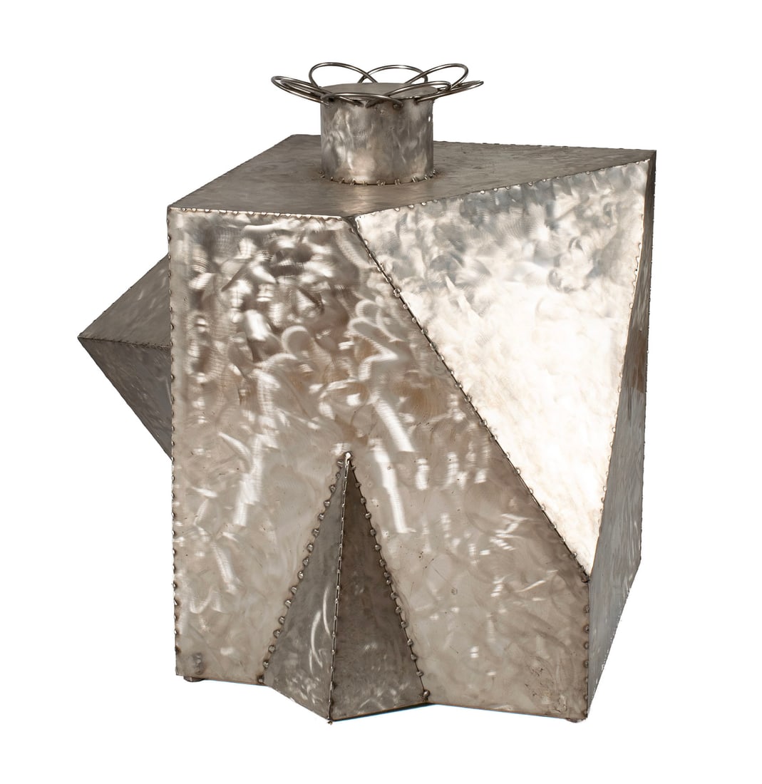 BROTHER MEL MEYER (AMERICAN (ST. LOUIS), 1928-2013): Brother Mel MeyerAmerican (St. Louis), 1928-2013SteelGeometric floor sculpture with receptacle to top.Brother Mel Meyer was born in Florissant, MO in 1928 and joined the Marianist order of monks at th