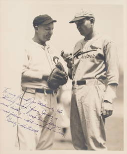 PERSONAL GABBY HARTNETT TO JOE MEDWICK AUTOGRAPHED PHOTOGRAPH OF HARTNETT AND DIZZY DEAN: PERSONAL GABBY HARTNETT TO JOE MEDWICK AUTOGRAPHED PHOTOGRAPH OF HARTNETT AND DIZZY DEAN With photograph credit to the back for "Geo. Burke - 847 Belmont Ave. Chicago". Hartnett writes To