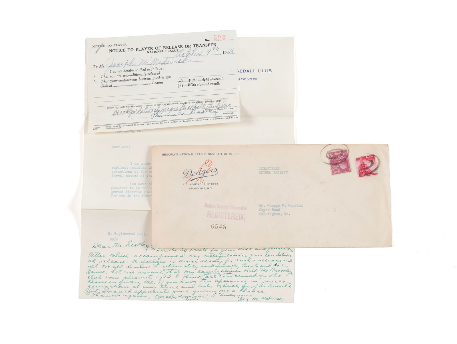 JOE MEDWICK'S NOTICE TO PLAYER OF RELEASE DATED OCTOBER 9TH, 1946, FROM THE BROOKLYN DODGERS, SIGNED (1 of 9)