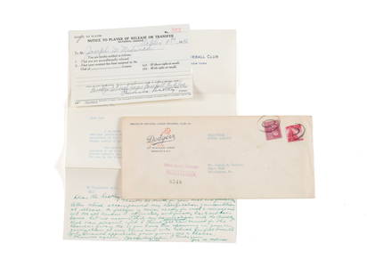 JOE MEDWICK'S NOTICE TO PLAYER OF RELEASE DATED OCTOBER 9TH, 1946, FROM THE BROOKLYN DODGERS, SIGNED: JOE MEDWICK'S NOTICE TO PLAYER OF RELEASE DATED OCTOBER 9TH, 1946, FROM THE BROOKLYN DODGERS, SIGNED BY BRANCH RICKEY WITH A LETTER OF THE SAME DATE TO MEDWICK FROM RICKEY This "Notice to Player