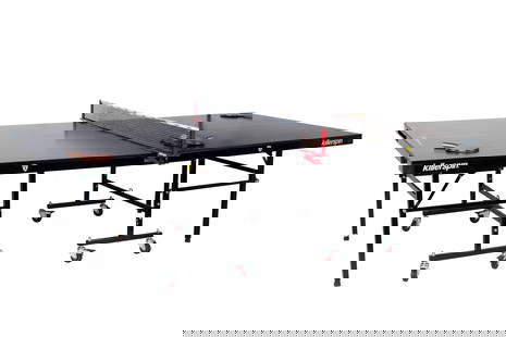 KILLERSPIN MYT4 BLACKPOCKET PING PONG TABLE: KILLERSPIN MYT4 BLACKPOCKET PING PONG TABLEAmerican, 21st century. Indoor folding frame style design with sleek black frame, black tabletop, and black net. Accompanied by four Luxesport paddles and ad