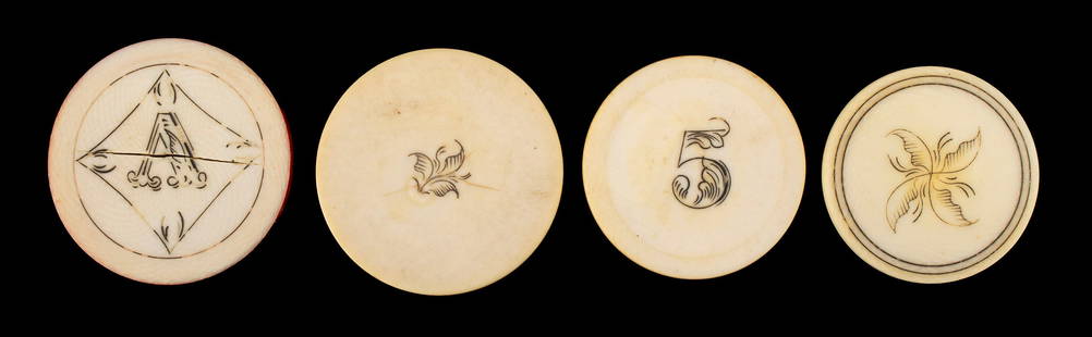 FOUR AMERICAN ANTIQUE POKER CHIPS: FOUR AMERICAN ANTIQUE POKER CHIPSCirca 1890. Four (4) poker chips including a five-dollar, a ace with red dye, and two (2) floral.1.5&quot; to 1.6&quot; diameter