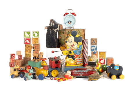 COLLECTION OF VINTAGE TOYS: COLLECTION OF VINTAGE TOYSMost pre-1960s. Includes a Bradley Mickey Mouse alarm clock, Fisher Price Mickey Mouse pull toy, duck family pull toy, large collection of wooden alphabet blocks, 1949 Nash m