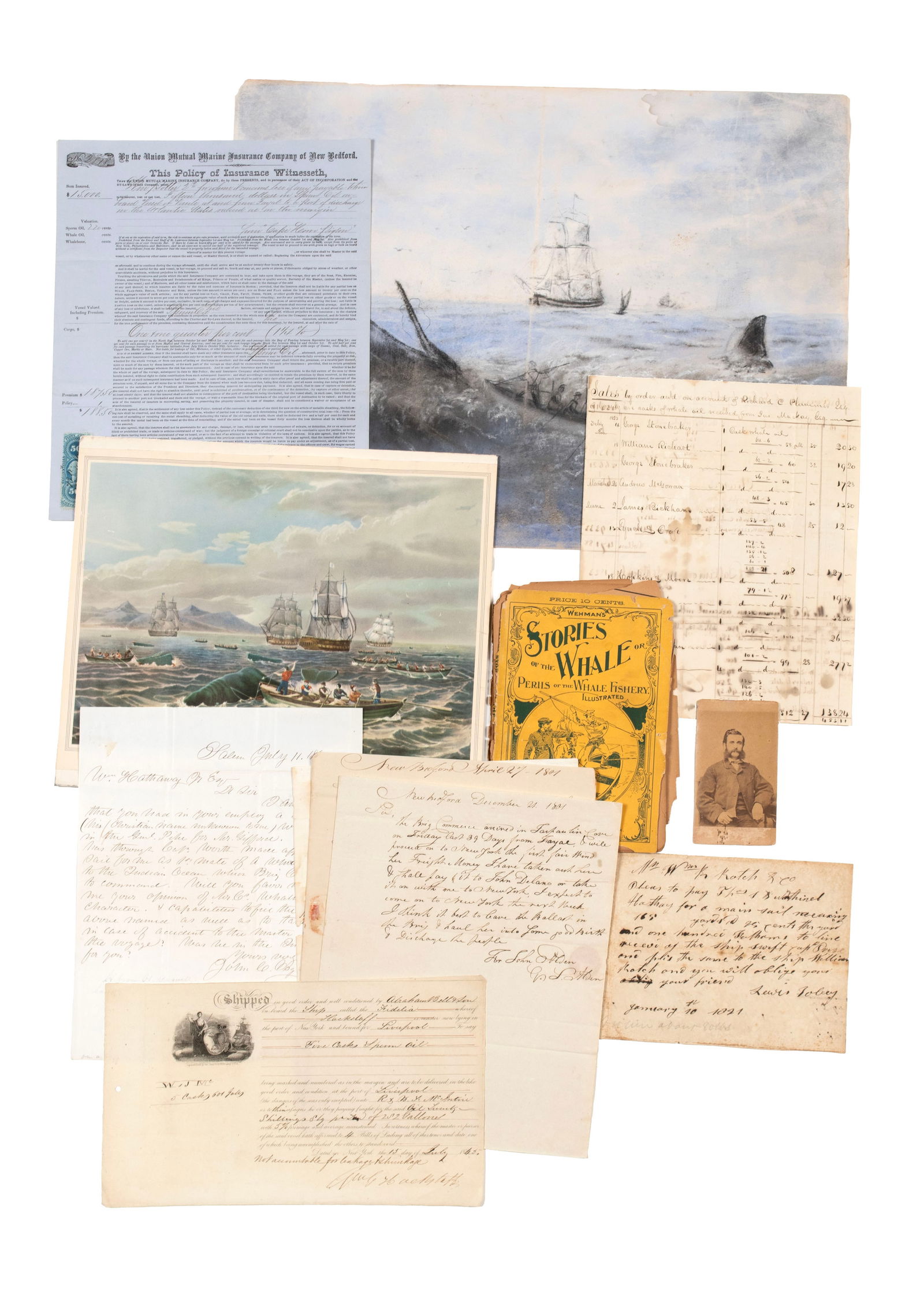 COLLECTION OF WHALING EPHEMERA: COLLECTION OF WHALING EPHEMERA19th century. Ten (10) items including an 1821 ALS from Captain Lewis Tobey of the ship 'William Rotch', an 1867 letter from Salem shipping agent John C. Osgood to a Capt