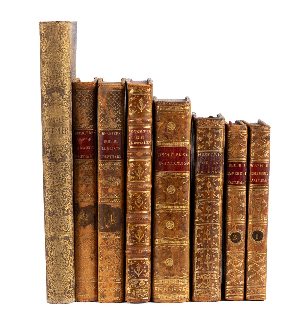 COLLECTION OF FRENCH BOOKS ON ENGLISH AND GERMAN HISTORY: COLLECTION OF FRENCH BOOKS ON ENGLISH AND GERMAN HISTORYEight (8) volumes, including 'Histoire du Regne de La Reine Anne d'Angleterre', Chez Marc-Michel Rey & Arkstee & Merkus, Amsterdam, 1765,'Consti