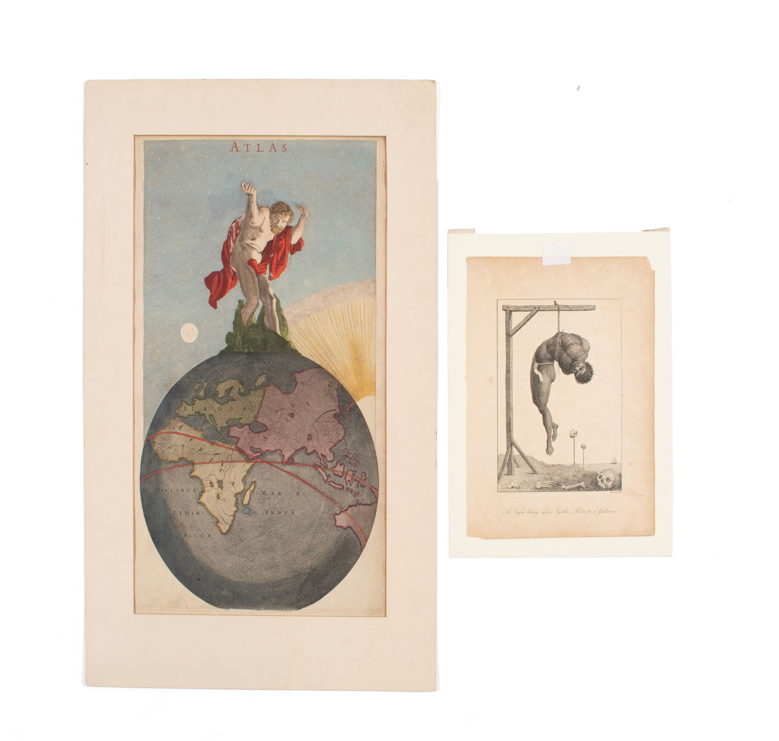 TWO ENGRAVINGS INCLUDING BY WILLIAM BLAKE: TWO ENGRAVINGS INCLUDING BY WILLIAM BLAKEIncluding a color engraving frontispiece of Atlas from a composite atlas by Frederik de Wit, circa 1682, and a William Blake (English, 1757-1827) engraved illu