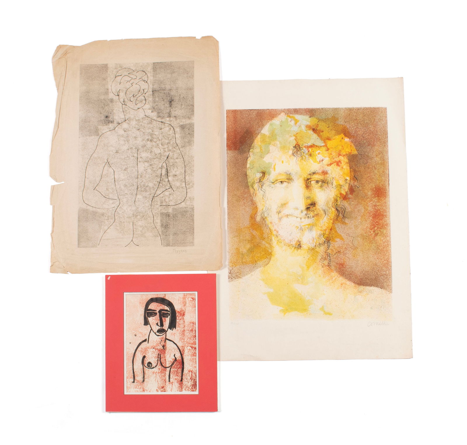 THREE CONTEMPORARY PRINTS: THREE CONTEMPORARY PRINTS20th century, all unframed. Including a print of a male nude signed 'Moyano', an unsigned woodblock of female nude and a Thomas Cornell (American, 1937-2012) self-portrait lit