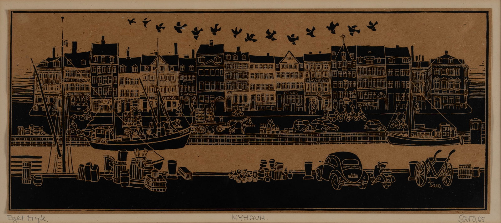 COPENHAGEN WATERFRONT WOODBLOCK, SIGNED 'SARO': COPENHAGEN WATERFRONT WOODBLOCK, SIGNED 'SARO' Signed and '65, titled "Nyhavn" (New Harbor) with "Eget tryk" lower left. Matted and framed. 7 1/4 x 15 3/4 in. (18.4 x 40 cm.), Fram