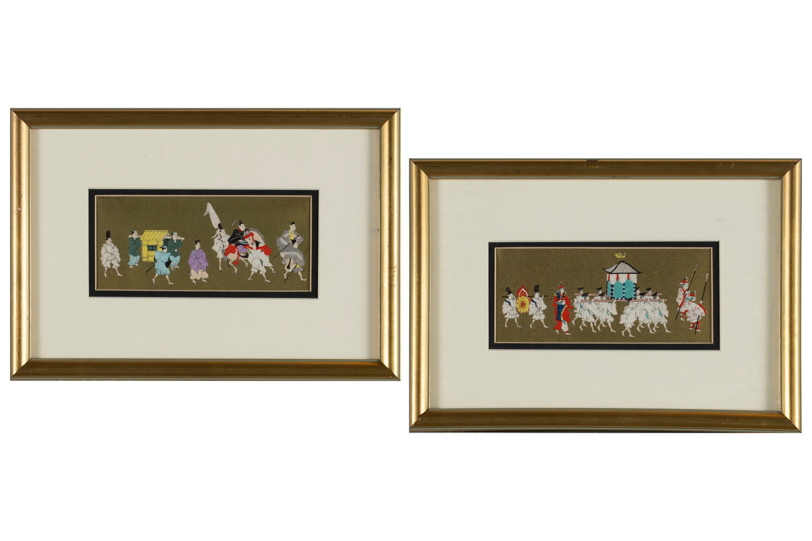 PAIR OF COLORED WOODBLOCK PRINTS ATTRIBUTED TO BENJI ASADA (JAPANESE, 1899-1984): PAIR OF COLORED WOODBLOCK PRINTS ATTRIBUTED TO BENJI ASADA (JAPANESE, 1899-1984) Pair of woodblocks titled "Noblemen" and "The Procession", with Maerson LTD labels to verso, gilt f