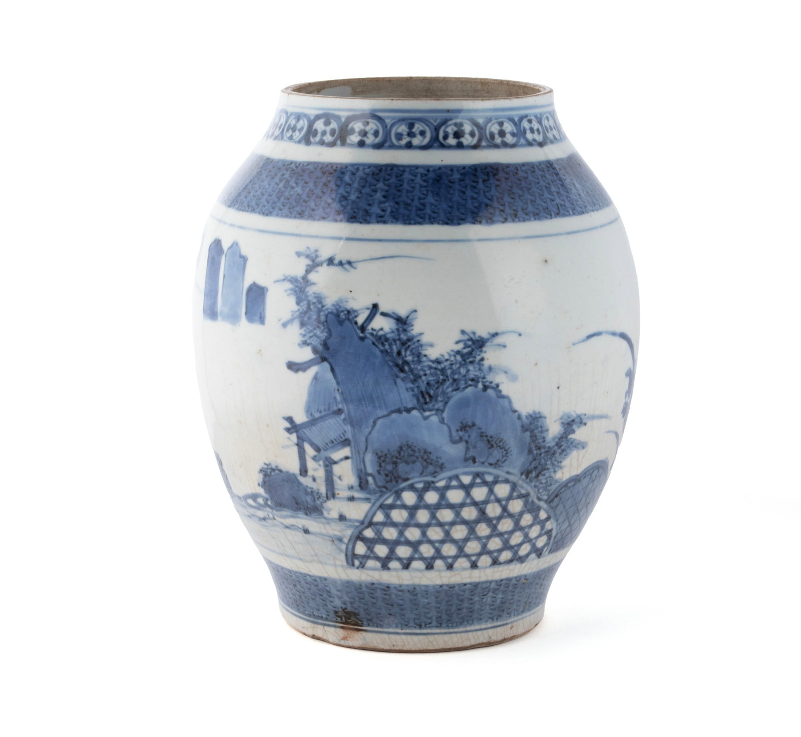 JAPANESE PORCELAIN LANDSCAPE JAR: JAPANESE PORCELAIN LANDSCAPE JAR 17th century. Arita blue and white porcelain jar with coastal landscape and floral decoration, unmarked. 9 1/4 in. (23.5 cm.)