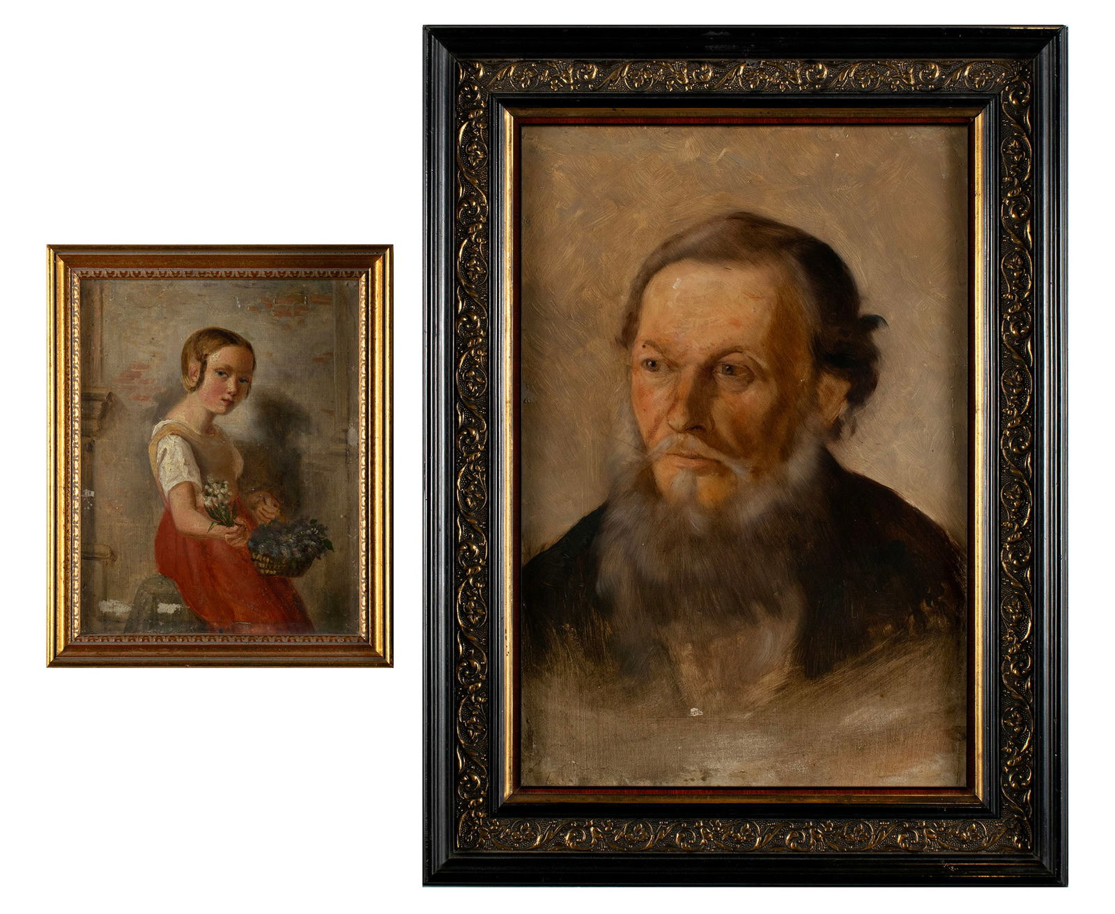 TWO PORTRAITS, LATE 19TH CENTURY: TWO PORTRAITS, LATE 19TH CENTURYBoth oil on panel, unsigned. Portrait of a young girl holding a basket of flowers and bust length portrait of a man, framed.Larger frame: 15 1/2 x 11 3/4 in. (39.4 x 29