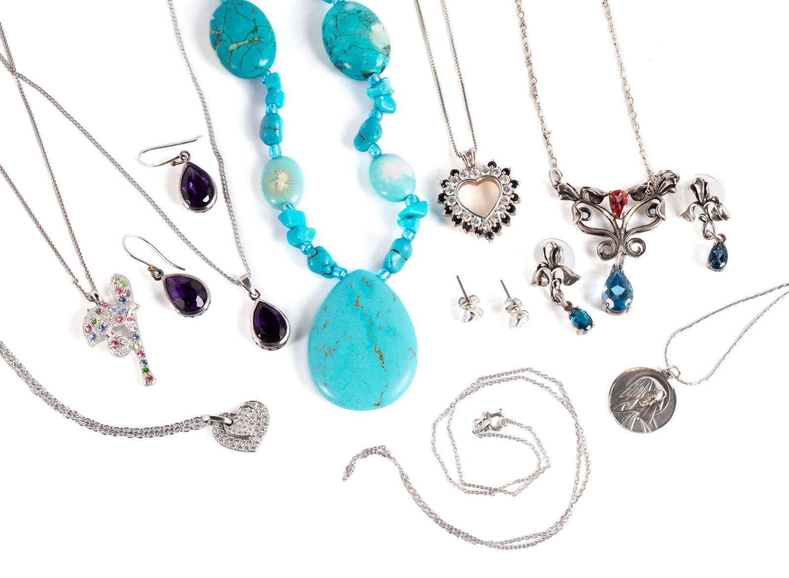 WHITE GOLD DIAMOND HEART PENDANT, STERLING PENDANTS AND CHAINS, TURQUOISE NECKLACE (1 of 13)