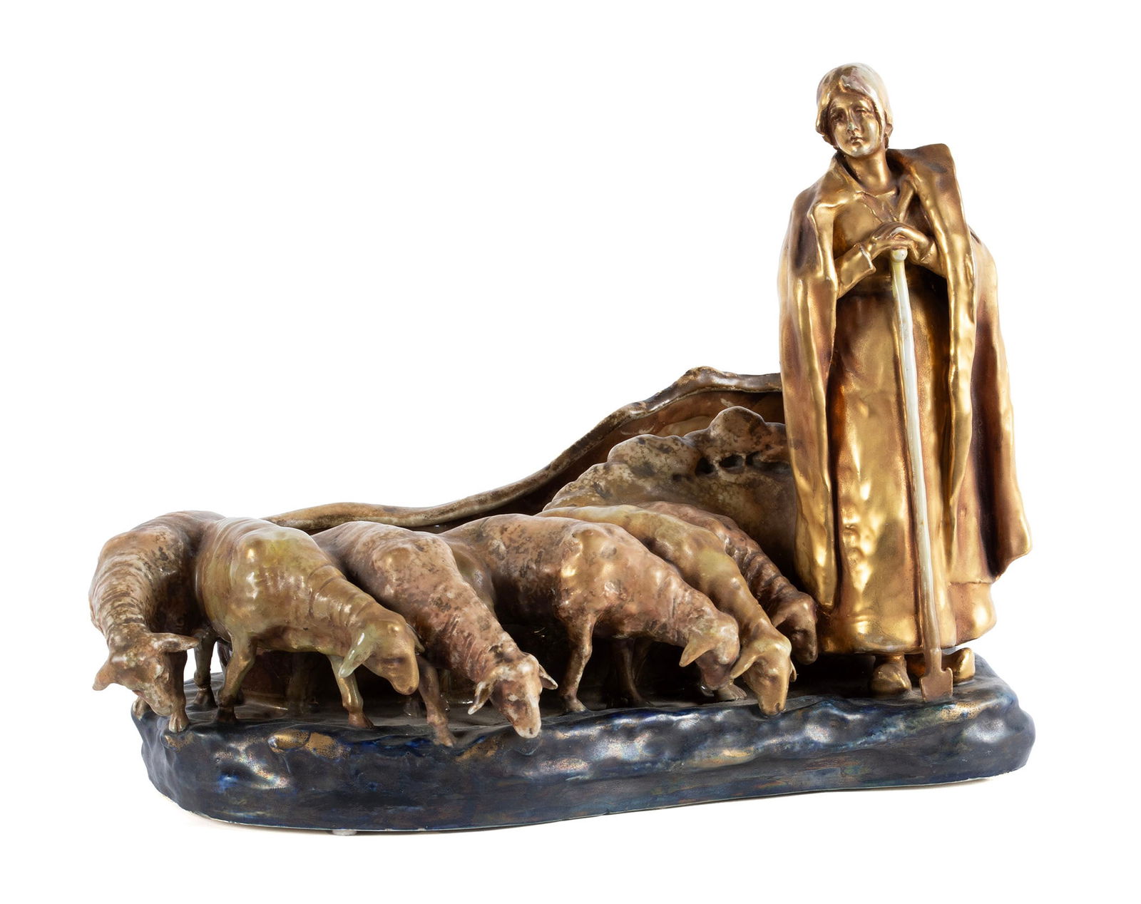 IMPERIAL AMPHORA SHEPHERDESS CENTERPIECE: IMPERIAL AMPHORA SHEPHERDESS CENTERPIECETurn-Teplitz, Austrian, late 19th/early 20th century. Center bowl featuring a shepherdess with flock, impressed marks to underside.13 x 18 x 10 in. (33 x 45.7 x