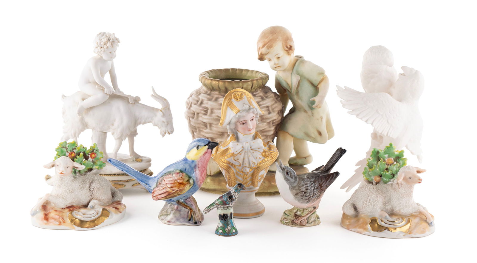 COLLECTION OF PORCELAIN FIGURINES: COLLECTION OF PORCELAIN FIGURINESNine (9) pieces total, including a Stangl bird, Beswick bird, a cloisonne bird, pair of opposing bocage sheep at rest, a bust of a young man, an Amphora figural group