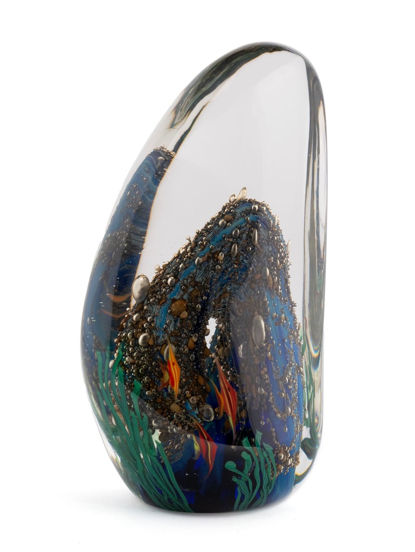 JOSEPH MOREL FOR ZELLIQUE STUDIO AQUARIAM ART GLASS: JOSEPH MOREL FOR ZELLIQUE STUDIO AQUARIAM ART GLASSAmerican, late 20th century, signed and dated 1989. Handblown glass, underwater tropical reef scene titled "Hawaii Racing".7 3/4 x 4 1/4 x 3 1/4 in.