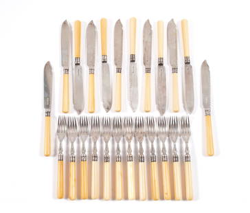 VICTORIAN STERLING SILVER FISH SERVICE BY ATKINS BROS: VICTORIAN STERLING SILVER FISH SERVICE BY ATKINS BROSSheffield, England, circa 1905. Set of twelve (12) forks and twelve (12) knives with sterling silver blades and tines in original purple silk and v