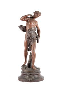 LE CHASSEUR AFTER GERMAIN: LE CHASSEUR AFTER GERMAINFrench, early 20th century, spelter bearing the "Fabrication Francaise" foundry seal. Bronze patinated sculpture of a standing hunter holding a club and game, title and artist