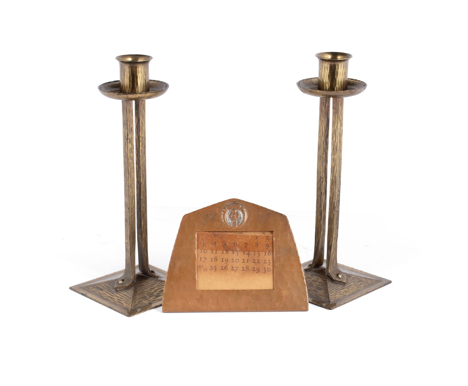 PAIR OF ROYCROFT CANDLESTICKS TOGETHER WITH A DESKTOP CALENDAR (1 of 8)