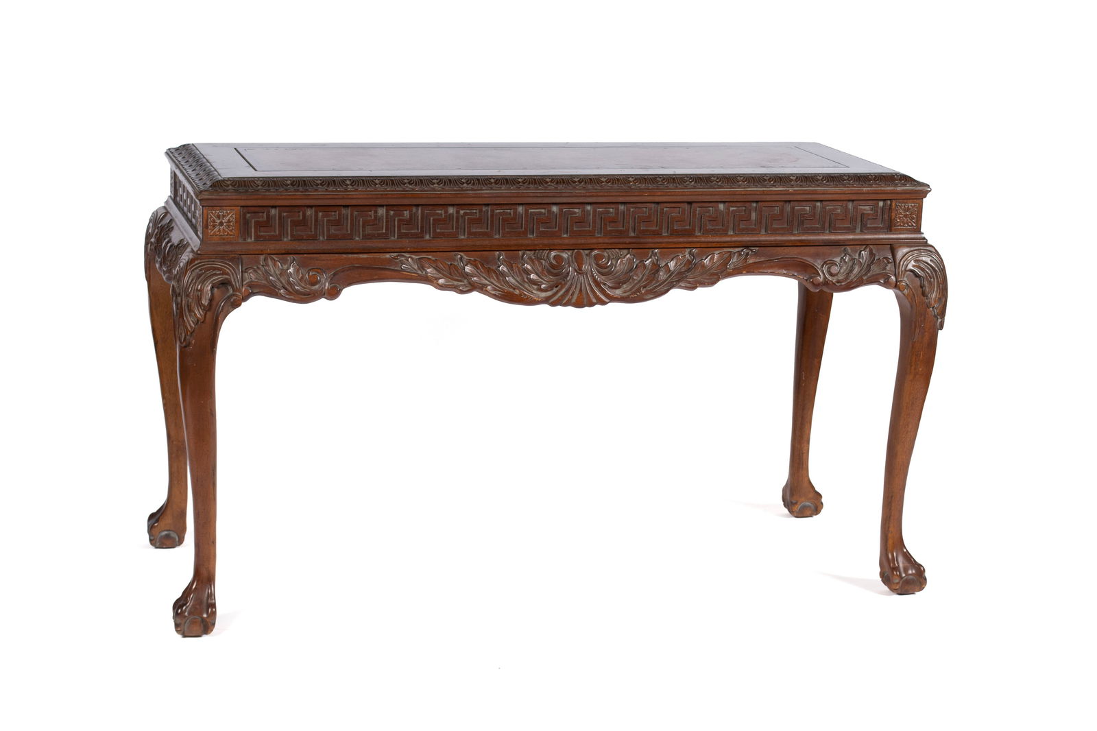 CHINESE CHIPPENDALE STYLE CONSOLE TABLE: CHINESE CHIPPENDALE STYLE CONSOLE TABLE20th century. Rectangular console table with leather inset top, carved frieze and apron on cabriole legs and ball and claw feet.31 x 53 1/2 x 22 1/2 in. (78.7 x