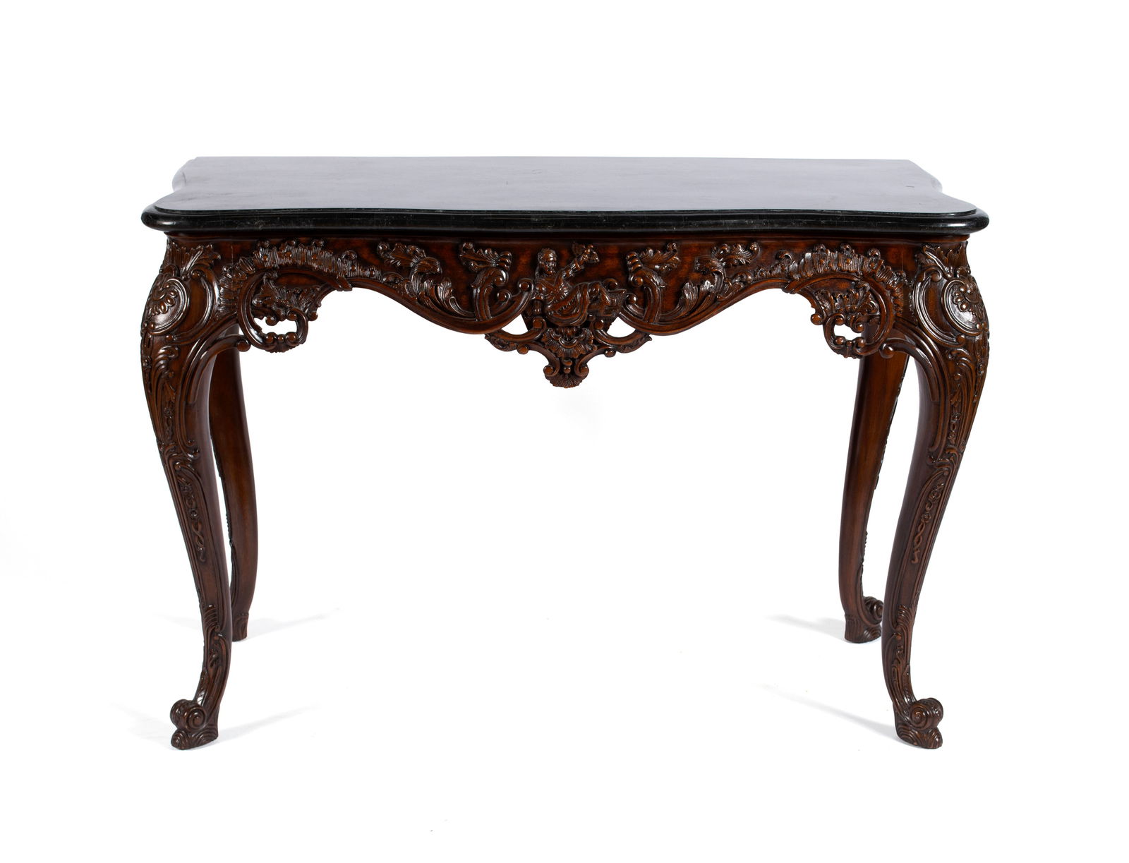 MAITLAND-SMITH ROCOCO CONSOLE TABLE: MAITLAND-SMITH ROCOCO CONSOLE TABLE20th century. Black faux marble top console table with Rococo style carved decoration on scrolled legs, label to back.32 1/2 x 47 3/4 x 23 in. (82.6 x 121.3 x 58.4 c