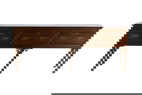 OAK CONSOLE HUNTBOARD: OAK CONSOLE HUNTBOARDEnglish, 18th/19th century. Rectangular molded top board over three deep drawers with brass handles, on square fluted legs.33 1/4 x 81 x 17 3/4 in. (84.5 x 205.7 x 45.1 cm.)