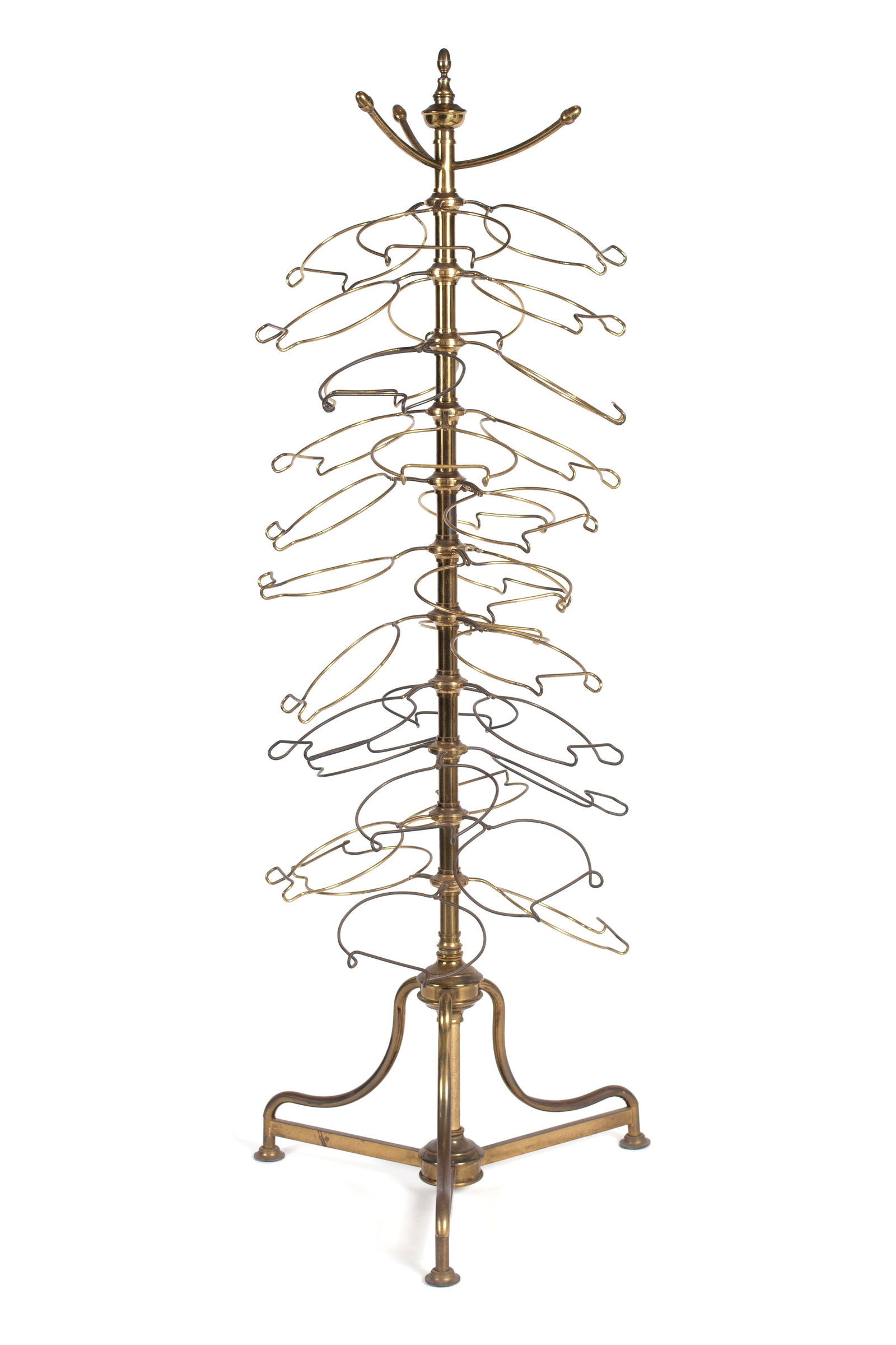 FRENCH DEPARTMENT STORE PLATE DISPLAY STAND: FRENCH DEPARTMENT STORE PLATE DISPLAY STAND French, circa 1900. Brass belle epoque plate stand having pinecone finial terminating on tripod-base. 66 in. (167.6 cm.)