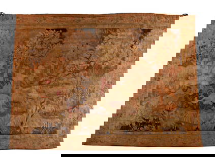 FRENCH VEDURE TAPESTRY: FRENCH VEDURE TAPESTRYFrench, 19th century. Pastoral scene depicting three seated figures in woodland.76 x 100 in. (193 x 254 cm.)