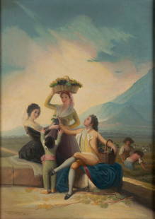 ENRIQUE LAGARES (SPANISH, B. 1931): Enrique LagaresSpanish, b. 1931The Grape Harvest / Autumn (La Vendimia)Oil on MasoniteAfter Francisco Jose De Goya Y Lucientes, signed and identified lower left. Framed.Original housed at the Prado Na